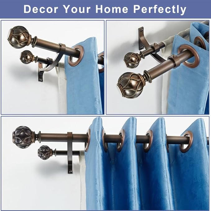 Double Curtain Rods 48 to 84 Inches, Antique Bronze Double Drapery Rods with Classic Finials, Adjustable 1-Inch Front and 5/8 Inch Back Double Window Rods