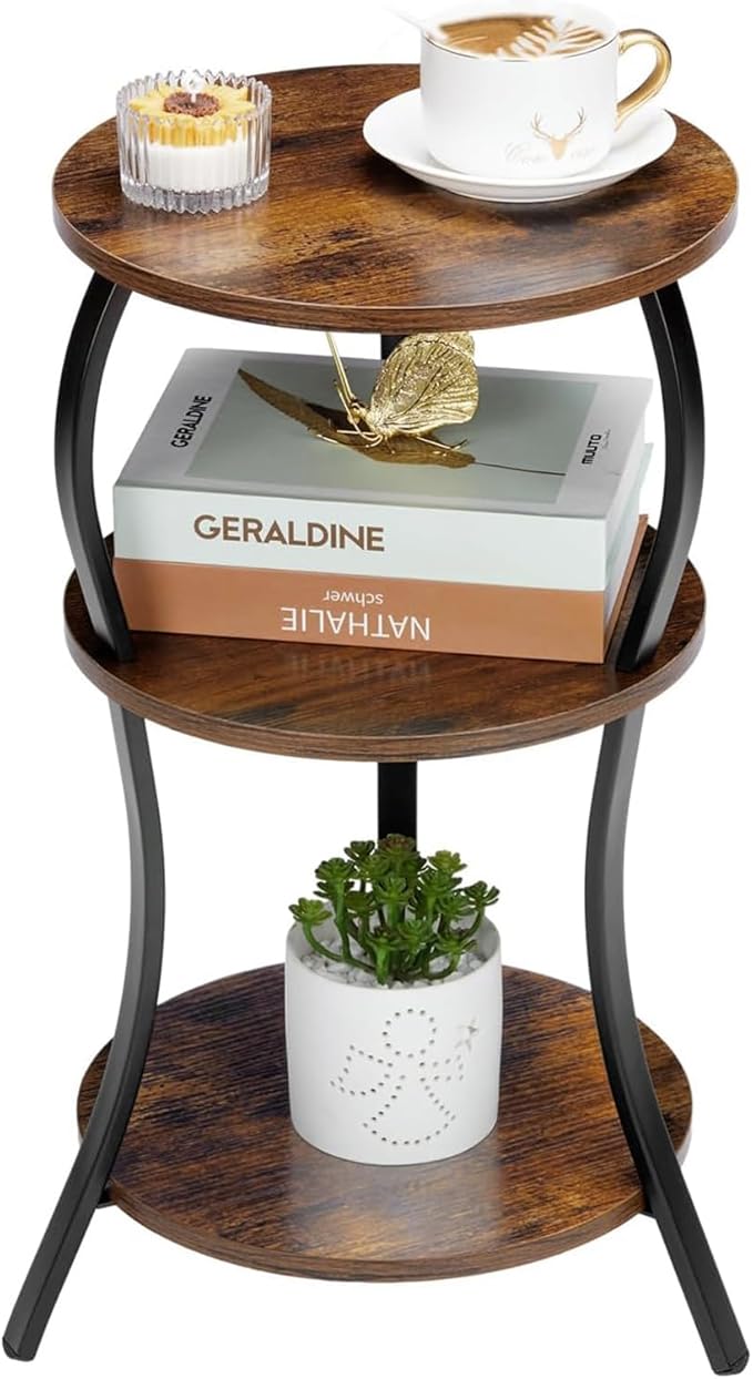Vintage Small Round Side Table, 3-Tier Slim Waist Circular End Table with Storage Shelf, Compact Tea Sofa Table, Round Corner Coffee Table Nightstand for Living Room Bedroom Small Spaces,Rustic Brown