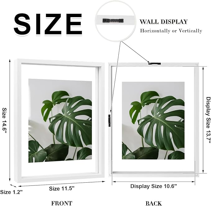 Egofine 11x14 Floating Frames Set of 2, Double Plexiglass Picture Frame, Made of Solid Wood Display Any Size Photo up to 11x14, Wall Mount or Tabletop Standing, White