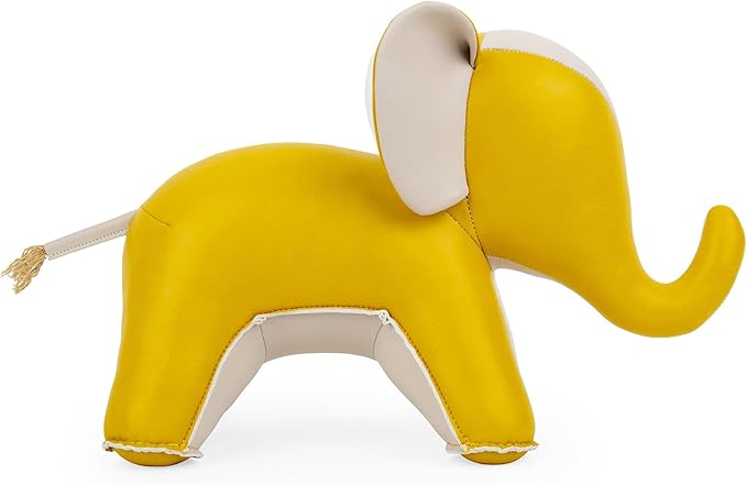 Bookend Elephant Abby Fresh Awaken, Leather Bookends for Shelves, Handmade Animal Home Decor, Zuny Series, White+Yellow Leopard+Ochre Yellow
