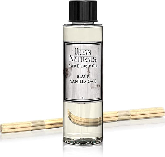 Urban Naturals Black Vanilla Oak Scented Oil Reed Diffuser Refill. Free Set of Reed Sticks, with Warm Vanilla, Oak, Cedar, Patchouli and Musk Scent Notes. A Sensual, Aromatic Home Fragrance, 4 oz