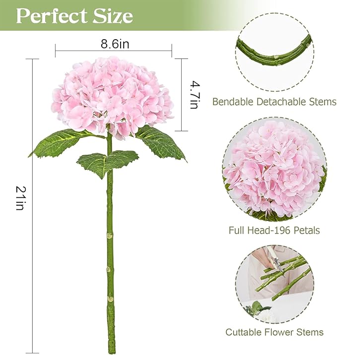 Waipfaru 4Pcs Real Touch Hydrangea Artificial Flowers, Pink & White Fake Hydrangea Flowers, 21" Lifelike Latex Faux Hydrangea Flowers for Wedding Bouquet Home Decor Centerpieces