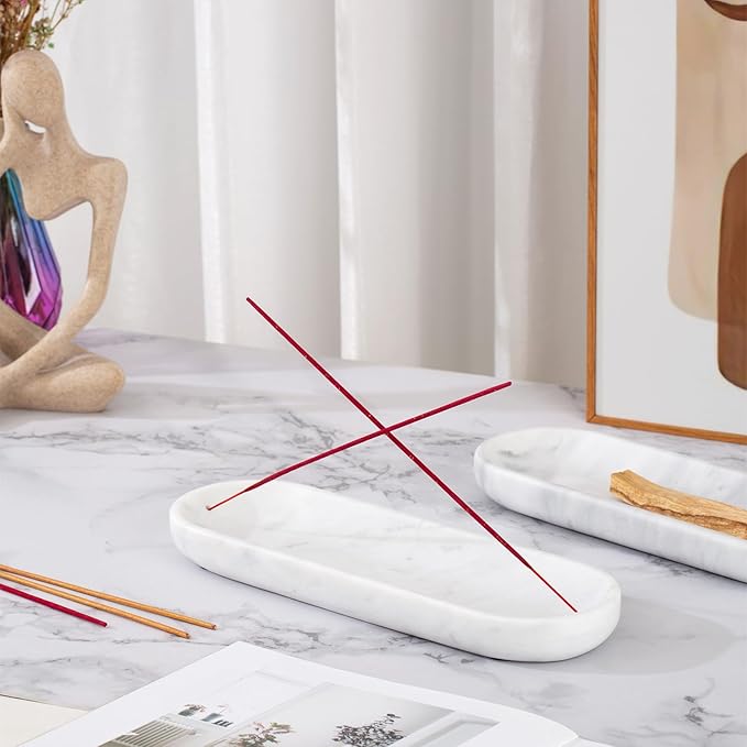 Incense Holder, Natural Marble Incense Burner, Incense Stick Holder for Meditation, insence-Sticks Holder, 10.6inch Ash Catcher (White)