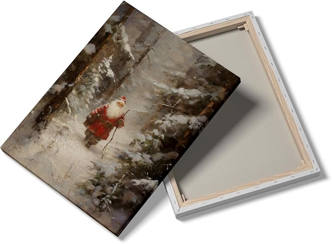 Christmas Country Painting,Vintage Santa Oil Painting, Snow Farmhouse Scene Print,Vintage Santa Poster,Christmas Wall Art, Christmas Vertical Print, Christmas Home Decor12x16inch Framed Art