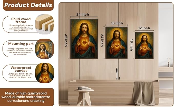 Eysintum Sacred Heart of Jesus Wall Art Christian Canvas Print Religious Home Decor Catholic Picture for Bedroom Living Room Prayer Room Ready to Hang 24x36in