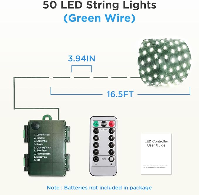 Battery Operated String Lights (4 Pack), 16.5ft 50 LED Fairy String Lights Battery Powered with Remote & Timer for Indoor Outdoor Christmas Trees Wreath Decoration Bedroom Patio - Cool White