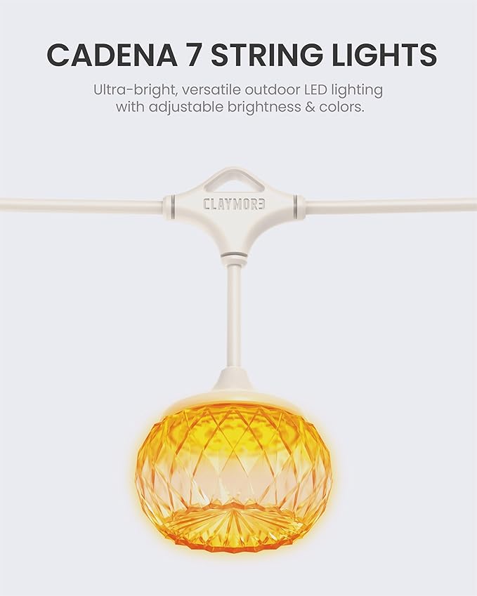 Claymore Cadena 7 String Lights - LED Outdoor String Lights for Halloween Decorations, Camping, Glamping, Backyard Parties, Events & Garden Decor. 4 Color Temperatures.