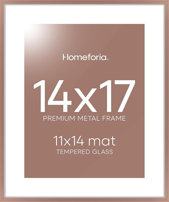 Homeforia 14x17 Picture Frame Mocha, High End Metal 14 x 17 Poster Frames with Mat 11 x 14 for Photo, 14x17 Mocha Frame Matted to 11x14 inch Print, 17x14 Thin Frame, Tempered Glass, Wall Kit, Set of 1