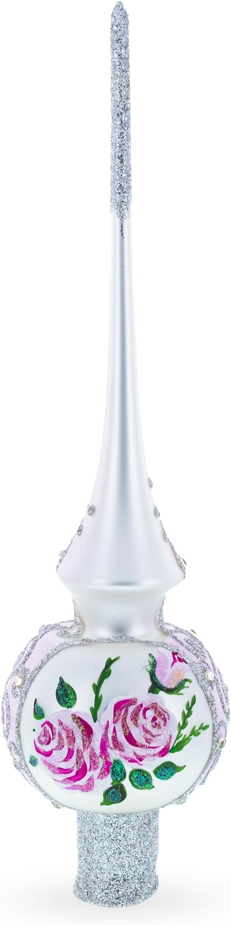 Pink Flowers Bouquet on Silver Glass Christmas Tree Topper 11 Inches