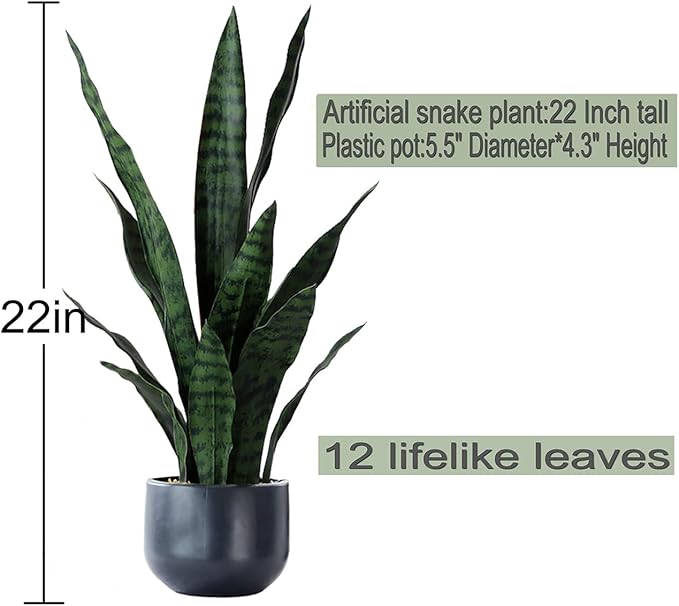 Beebel Artificial Plants Sansevieria Snake Plant with Black Plastic Planter Greenery Perfect Faux Agave Fake Plants in Pot for Home Office Indoor and Outdoo Décor (22" Green)