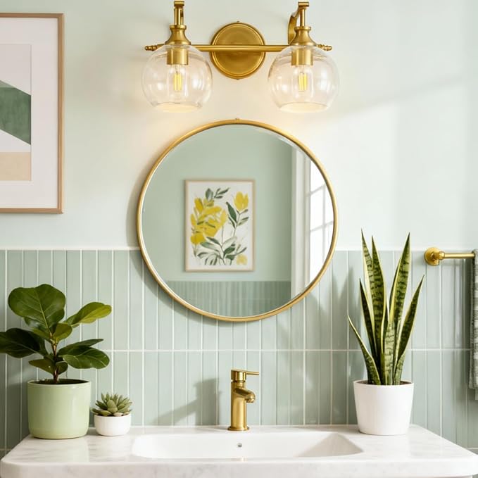ANDY STAR Gold Bathroom Light Fixtures, 2-Light Brass Vanity Light, Modern Sconces with Globe Clear Lampshade, Farmhouse Bathroom Lighting Fixtures Over Mirror with Metal Lamp Body, E26 Base
