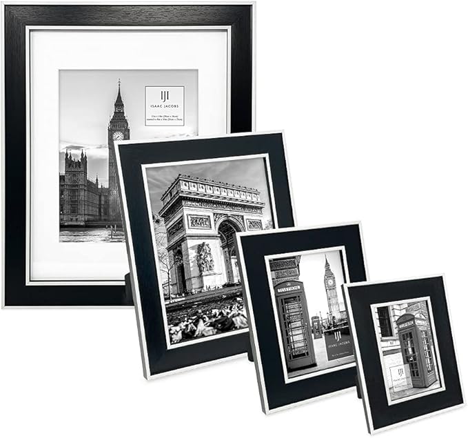 Isaac Jacobs 4x6 Black w/White (Vertical & Horizontal) Double Border Picture Frame w/Black Fabric Easel, Wall-Mountable, Made for Tabletop & Gallery, Home or Office (4x6, Black W/White)