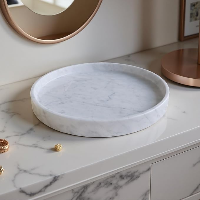 Carrara White Marble Tray Round 10 Inch, Natural Stone Perfume & Dessert Tray, Elegant Serving & Display Plate for Home, Vanity, 2 cm Deep, Non-Slip Base