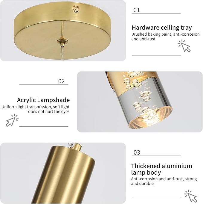 Modern Gold Pendant Light Fixture, Acrylic Bubble Cylinder Hanging Lights, 3 Color 2700K/4500K/6500K, Minimalist Ceiling Chandelier Lighting for Dining Room, Bedroom, Hallway, Bar, Kitchen Island