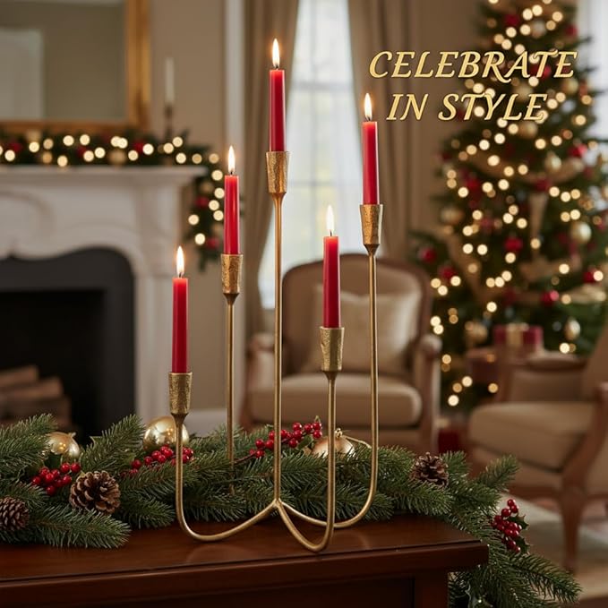 Candelabra for 5 Taper Candles – Hand-Forged Candle Holder with Elegant Vintage Finish – Decorative Centerpiece for Dining Room, Living Room or Mantel Decor（Brass Color-Straight）