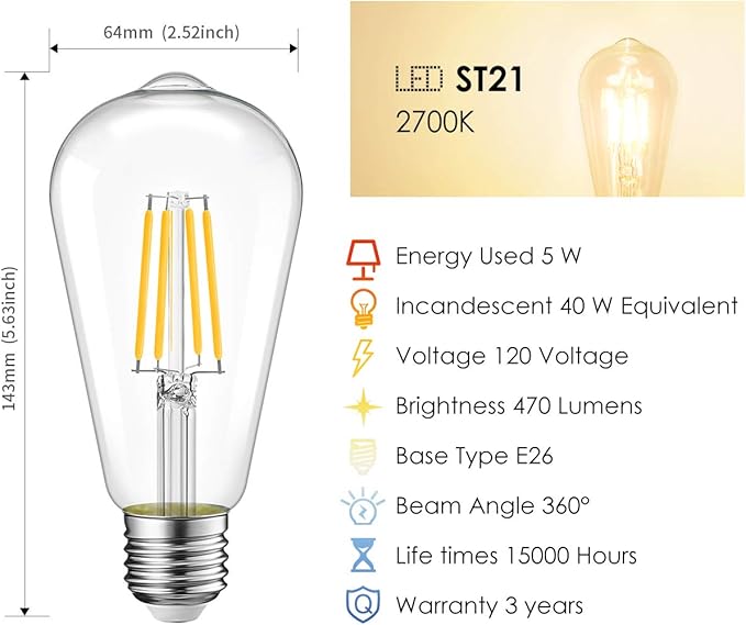 LVWIT ST21 LED Filament Bulb 5W (40 Watt Equivalent) Dimmable 2700K Warm White Vintage Edison Light Bulbs E26 Medium Base 12 Pack