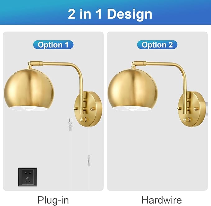 Plug in Dimmable Wall Sconce Swing Arm Wall Lights with Plug in Cord and Dimmer On/Off Knob Switch, Brushed Brass Globe Wall Light for Bedside Bedroom Bathroom(1 Bulb Included)
