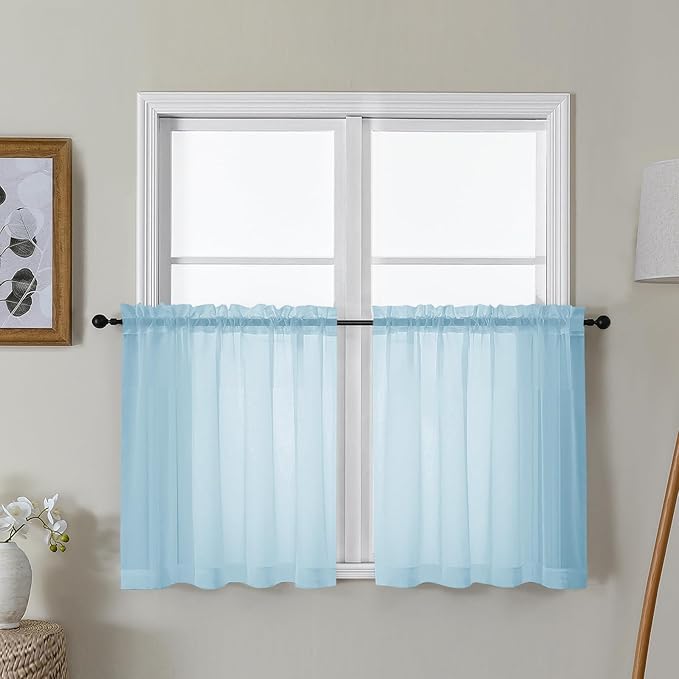 Gwine Sky Blue Sheer Curtain Tiers 24 Inch Length, Light Filtering Voile Short Curtain for Living Room Bedroom, Rod Pocket Cafe Curtains for Small Windows 42x24 Inch, 2PCS