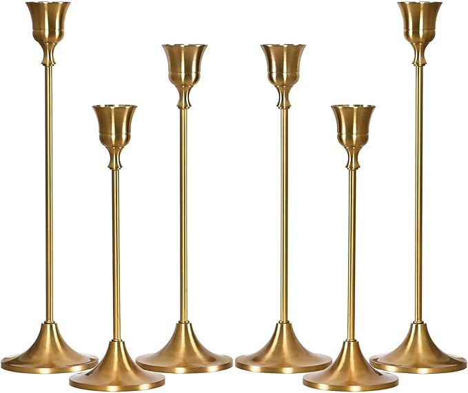 Brass Gold Candlestick Holders Set of 6, Taper Candle Holder for Candlesticks, Antique Vintage Candle Stick Candle Holders for Table Centerpieces Mantel Wedding Home Christmas Decorations
