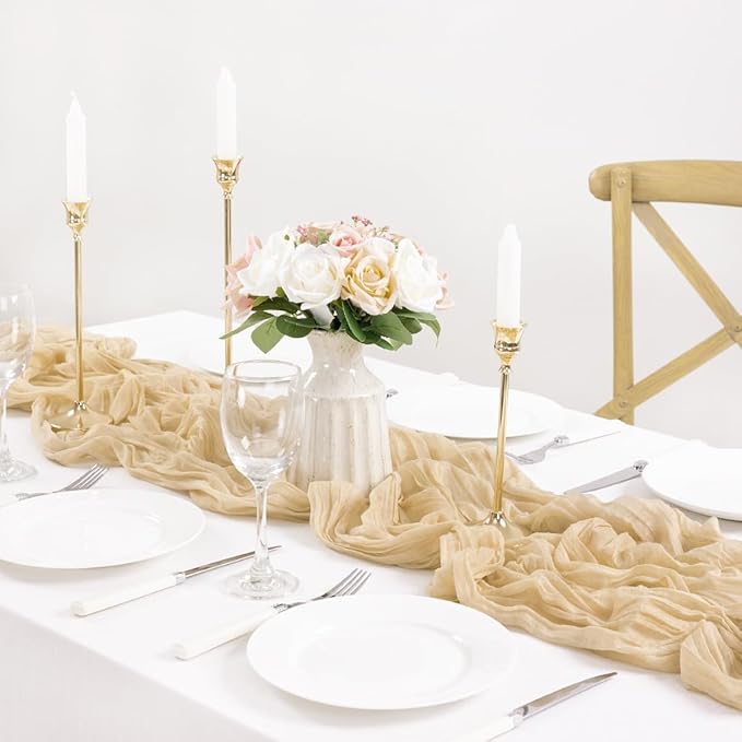 MLMC 3 Pack Champagne Cheesecloth Table Runner 10ft Sand Rustic Gauze Cheese Cloth Table Runner 35x120 Inches for Farmhouse Cozy Holiday Outdoor Events Home Decor