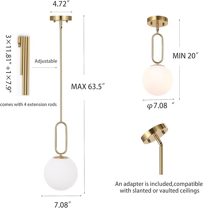 Modern Gold Globe Pendant Light White Globe Glass Shade 2 Pack Brushed Brass Finished Adjustable Rods Hanging Light Fixtures for Kitchen Island Living Room