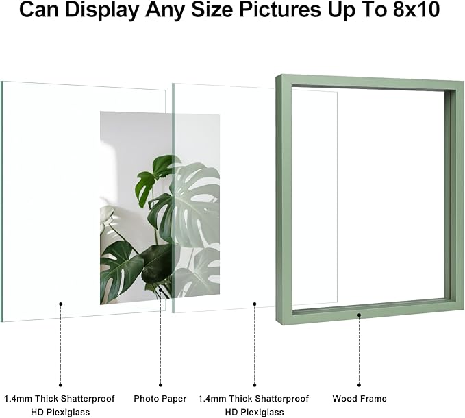 Egofine 8x10 Floating Frames Set of 2, Double Plexiglass Picture Frame, Made of Solid Wood Display Any Size Photo up to 8x10, Wall Mount or Tabletop Standing, Green