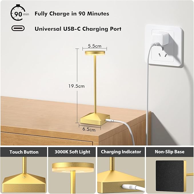 3 Pack 7.67in Gold Small Cordless Table Lamps Rechargeable, Battery Operated Mini Lamp, Small Lamp Touch Portable Table Lights, LED Night Light for Bedside/Dining/Bar/Outdoor (Gold-C)