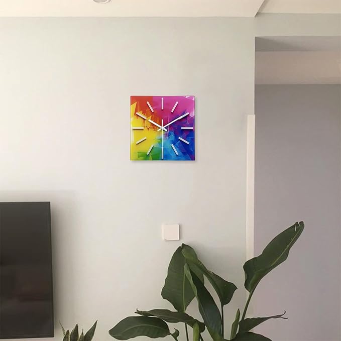 Square Glass Wall Clock Silent Analog Wall Clocks Battery Operated 14 Inch Colorful Wall Clock for Kitchen
