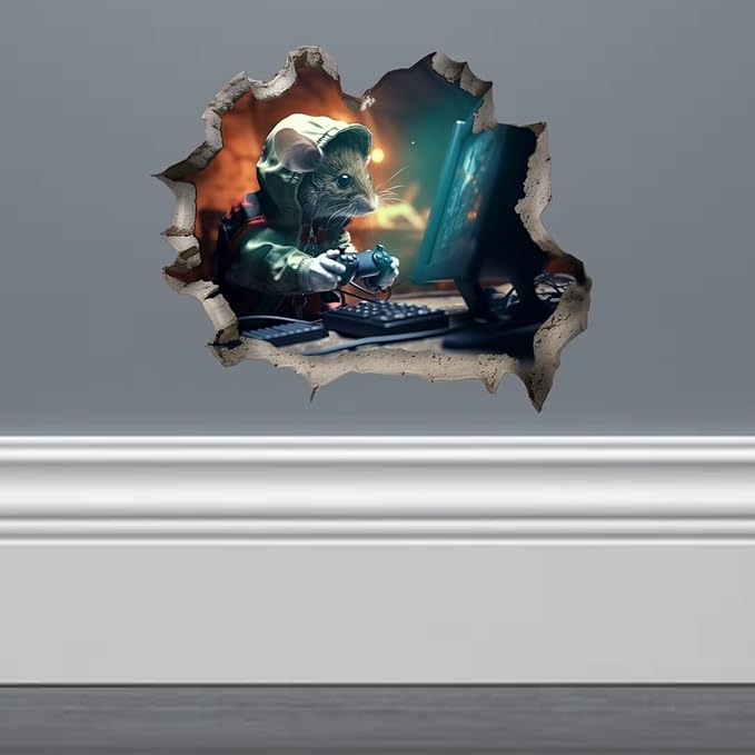 Mouse Playing Video Games Hole in Wall Sticker - Funny Hole in Wall 3D Peel and Stick Sticker Decal for Teen Dorm - Premium Quality Vinyl Stickers 2-Pack | 5-Inch on Widest Side | Made in USA FHJ1384