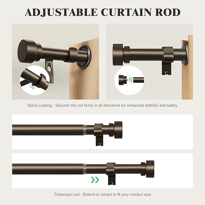 Oneach Brown Curtain Rods for Windows 66 to 120 Inch, 1 Inch Pole Adjustable Length Heavy Duty Metal Curtain Rod Set, for Outdoor Bedroom Kitchen Living Room (16 to 120 Inch)