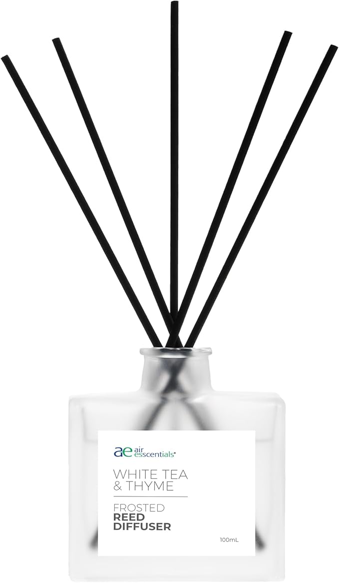 Air Esscentials Frosted White Tea & Thyme Reed Diffuser Set - Decorative Fragrance Diffuser & Oil for Bathroom & Home | Long-Lasting Aroma | Natural Scent Sticks | Essential Oils & Botanicals| 100mL