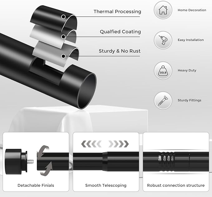 Curtain Rods for Windows 66 to 120 Inch(5.5-10 Feet), Black 1'' Diameter Heavy Duty Adjustable Window Drapery Rod, Modern and Simple Decorative End Cap Finish,Size 36''-120''