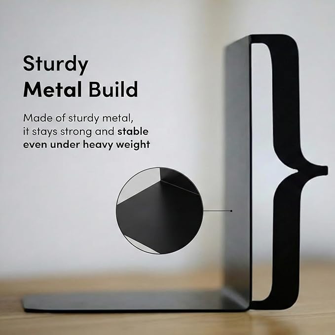 Decorative Bookends for Shelves - Modern Bracket Shaped Metal Book Ends for Home Office Decor, Unique Minimalist Desk Accessories & Gift (White)