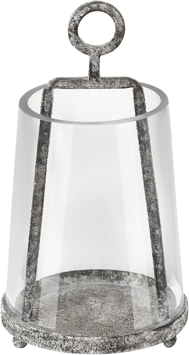 4" Wide Modern Farmhouse Metal Hurricane Candle Holder with Handmade Sturdy Glass Sleeve in Rustic Black for 2" Pillar Candle & Plants, Glass Hurricane Lantern, Industrial, Minimalistic