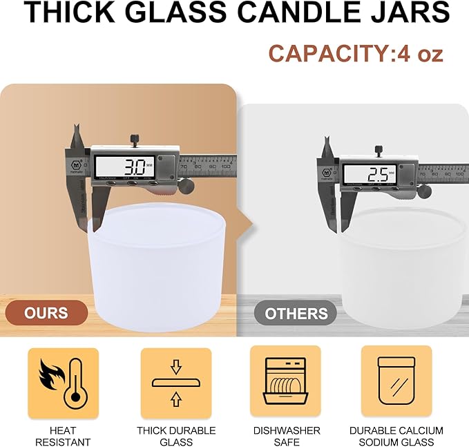 Thick Candle Jars for Making Candles 16 Pcs, 4 OZ Empty Jars with Wood Lids for Candle Making, Sample Container - Dishwasher Safe,Matte White