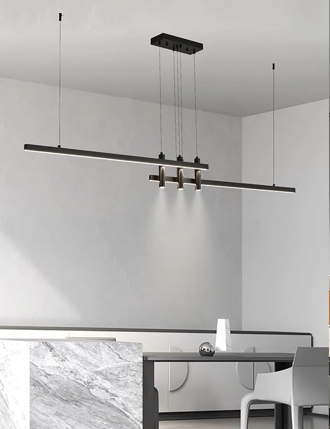 83" Modern Black Linear Pendant Lights Kitchen Island Lighting Minimalist Led Chandeliers Pool Table Light Dimmable Ceiling Hanging Light Fixture Dining Room with Remote Control