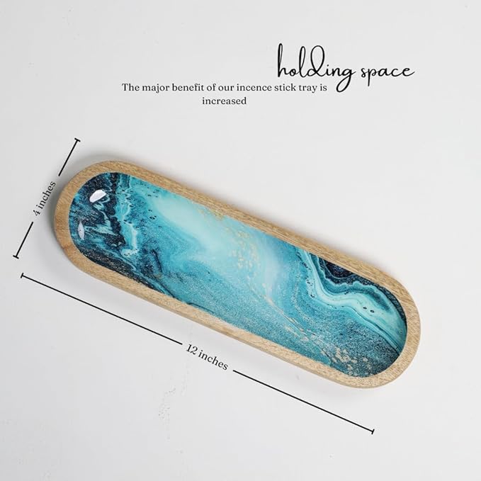 The Art Box Hand-Painted Incense Burner Holder Ocean Blue - 12x4x1 inch Wooden Long Incense Stick Tray Holder for Modern Gift, Ash Catcher Incense Stick Holder - Meditation & Yoga