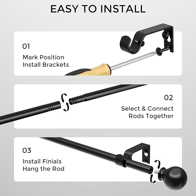 Black Curtain Rods 48 to 84 Inches(4-7 Feet),5/8 inch Splicing Drapery Rods,Small Curtain Rods Set,Size: 36''-88'',Matte Black