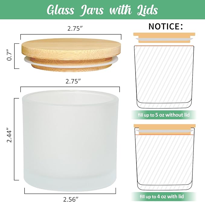 4oz Candle Jars 12 Pack- Frosted Bulk Small Glass Candle Jars with Bamboo Lids, with Stickers and Labels, Empty Candle Vessel for Making Candles Containers - Dishwasher Safe