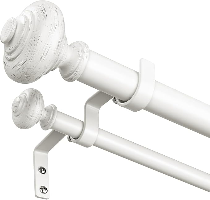 White Double Curtain Rods for Windows 36 to 72 inch, Farmhouse Vintage Decorative 1 Inch Adjustable Dual Curtain Rod, Heavy Duty Boho Double Drapery Pole with Antique White Grain Finials