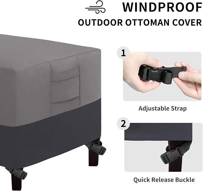 Easy-Going Outdoor Ottoman Cover, Waterproof Patio Ottoman Cover, Heavy Duty Outdoor Furniture Cover with Padded Handles (40"x30"x17", Gray/Dark Gray)