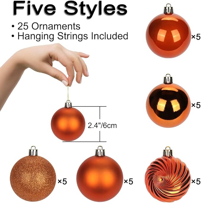 2.36" Orange Christmas Balls Ornaments 25 Pcs Shatterproof Christmas Ornaments Set Halloween Balls Ornaments Orange Ornament for Xmas Tree Holiday Party