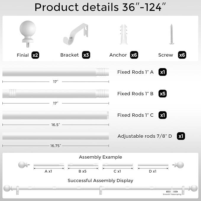 Long White Curtain Rod, 1 Inch Adjustable Heavy Duty Curtain Rods for Windows 66 to 120 Inch, Decorative Modern Window Treatment Rods, Splicing Metal Drapery Pole, Easy Installation
