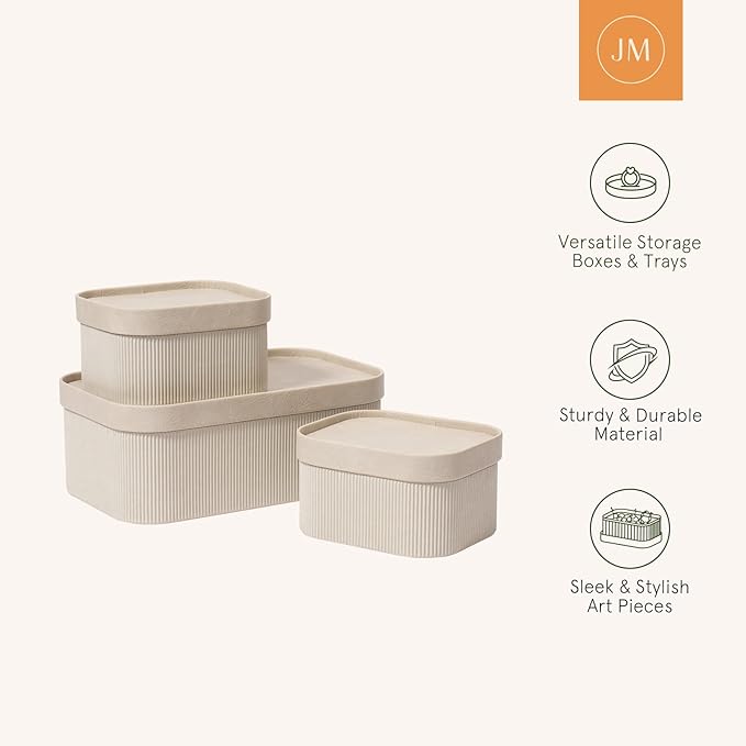 LA JOLIE MUSE Fluted Cardboard Storage Baskets with Leather-Like Lids, Sturdy Stackable Paper Boxes Decorative Tray, Light Grey, Set of 3
