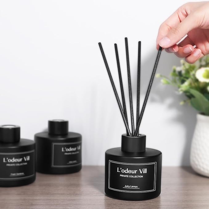 L'odeur Vill Reed Diffuser, 3.4oz(100ml) Juicy Lemon Reed Diffuser Set with 6 Oil Diffuser Sticks, Matte Black Aroma Scent Diffuser, Long Lasting Home Fragrance for Bathroom Shelf Decor