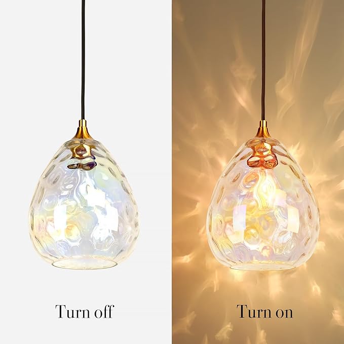 Gold Pendant Lighting with Stained Hammered Glass Shade, 1-Light Art Deco Hanging Lamp for Kitchen Island, Dining Room, Bedroom (Colorful Glass Shade)