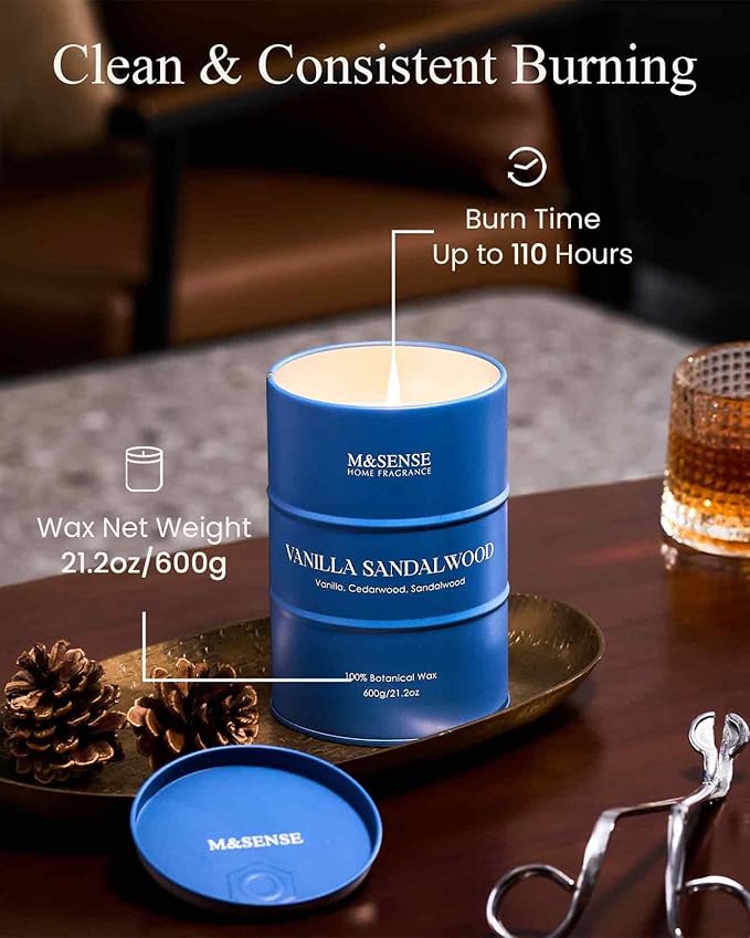 M&SENSE Vanilla Sandalwood Scented Candles Large, Natural Soy Candles 21.2oz 120 Hour Slow Burning,Aromatherapy Candle for Stress Relief Meditation Relaxing