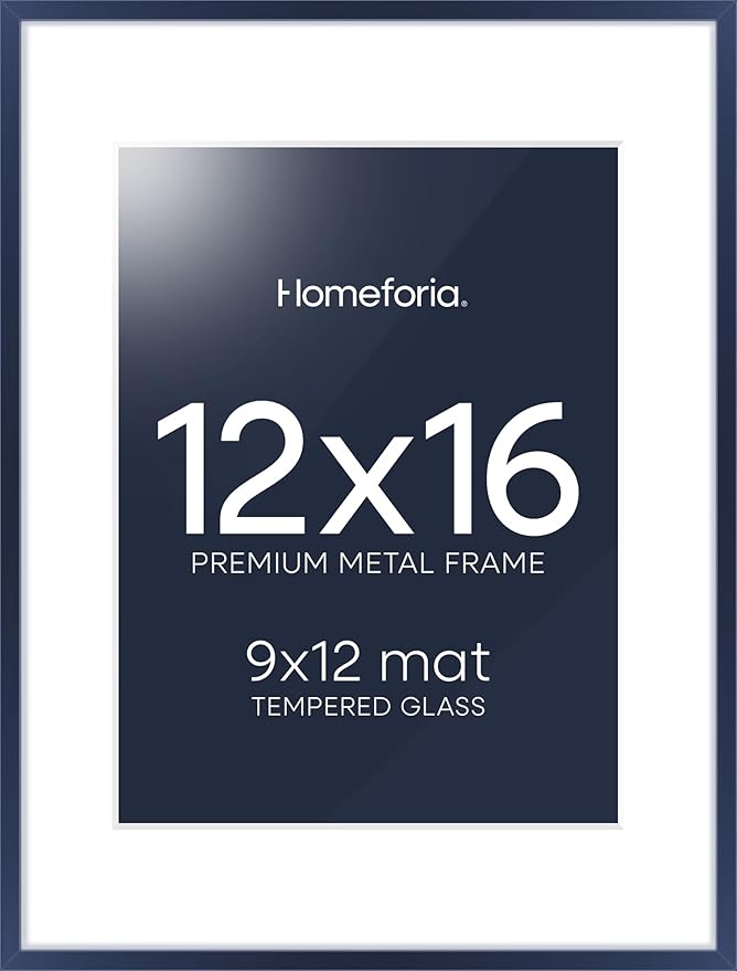 Homeforia 12x16 Navy Blue Picture Frame, High End Metal 12x16 Poster Frames with Mat 9x12 Photo, 12 x 16 Navy Blue Frame Matted to 9 by 12 Print, 16x12 Thin Frames, Tempered Glass, Wall Kit, Set of 1