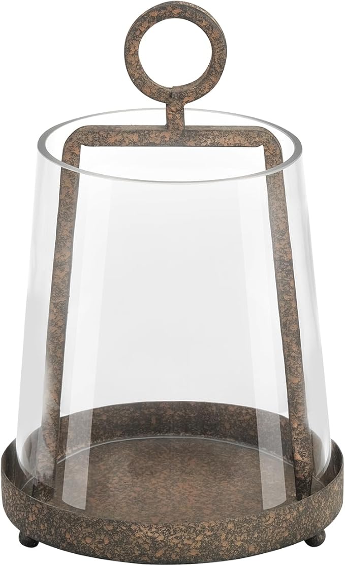 6" Wide Modern Farmhouse Metal Hurricane Candle Holder with Handmade Sturdy Glass Sleeve in Rustic Brown for Pillar Candle & Plants, Glass Hurricane Lantern, Industrial, Minimalistic