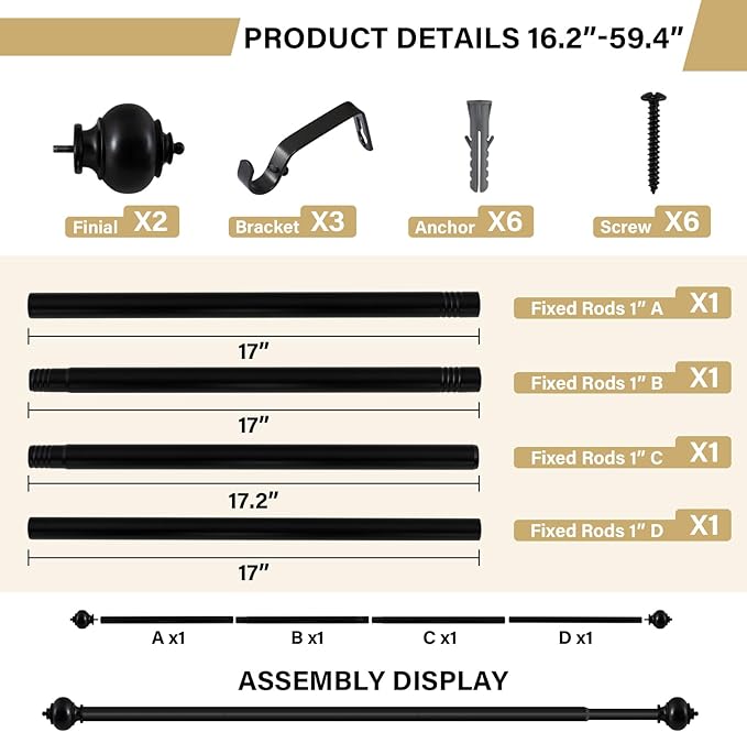 H.VERSAILTEX Curtain Rods for Windows 16.2 to 59.4 Inches 1 inch Diameter Adjustable Decorative Telescoping Curtain Rod with Brackets Heavy Duty Splicing Window Rods with Decorative Finials, Black
